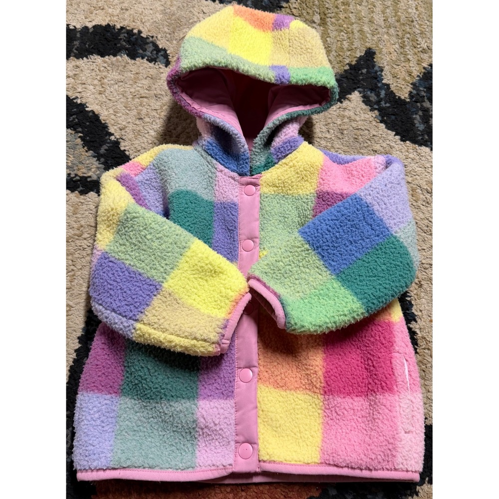 Old Navy Toddler Rainbow Checkerboard Sherpa Fleece Hooded Jacket 2T Multi Color